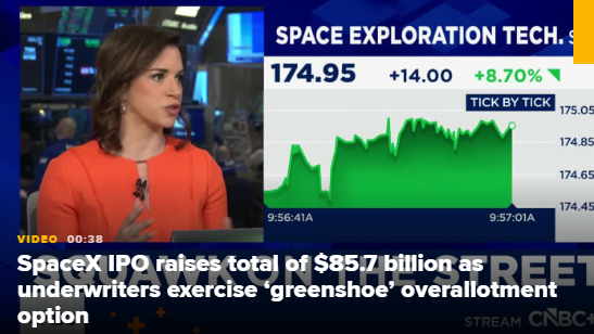 承销商行使绿鞋超额配售权	，SpaceX IPO募资总额达857亿美元